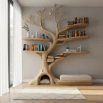 Handcrafted Tree Bookshelf with Cat House