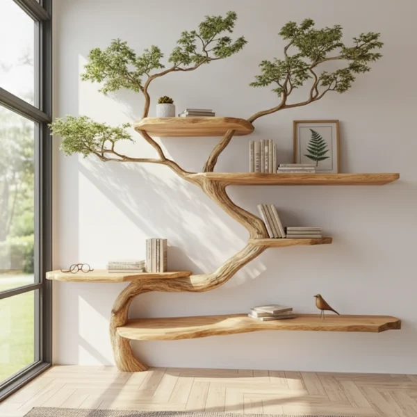 Handcrafted Tree Corner Bookcase Natural Wood