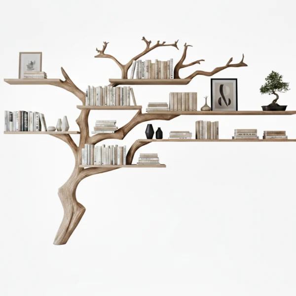 Large Tree-Shaped Wooden Bookshelf – Unique Wall-Mounted Bookcase with Branch Shelves