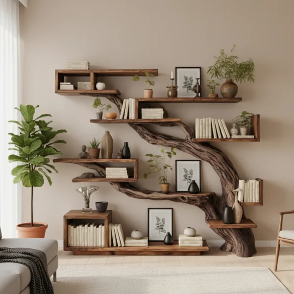 Rustic Christmas Tree Bookshelf - Handcrafted Solid Wood Wall Display