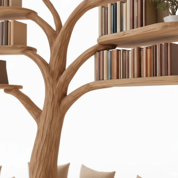Rustic Tree Bookshelf with Corner Bench - Handmade Wooden Reading Nook for Kids & Nature Lovers
