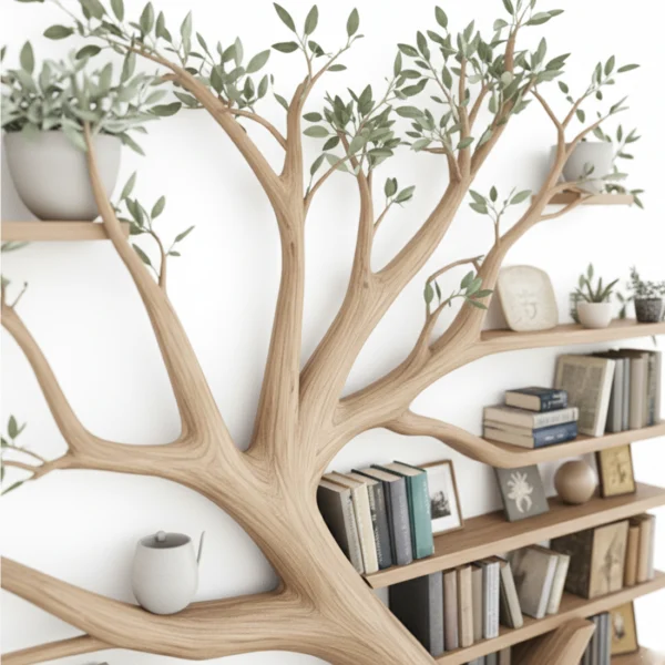 Rustic Tree Branch Bookshelf with Coordinated Bench