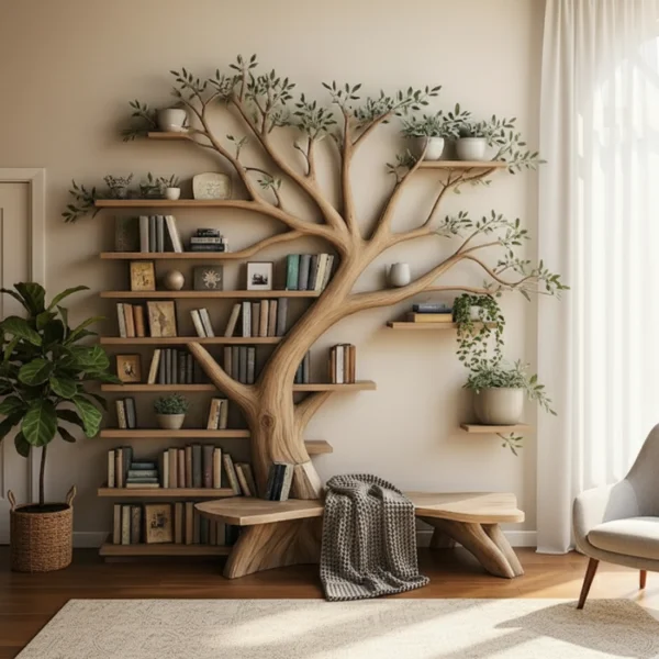Rustic Tree Branch Bookshelf with Coordinated Bench
