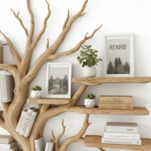 Rustic Wooden Oak book shelf tree craft for indoor living room Corner Indoor2