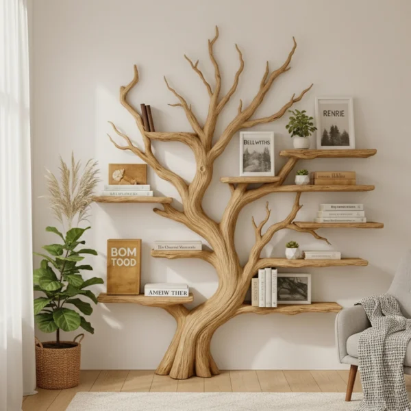 Rustic Wooden Oak Book Shelf tree craft for indoor living room Corner Indoor