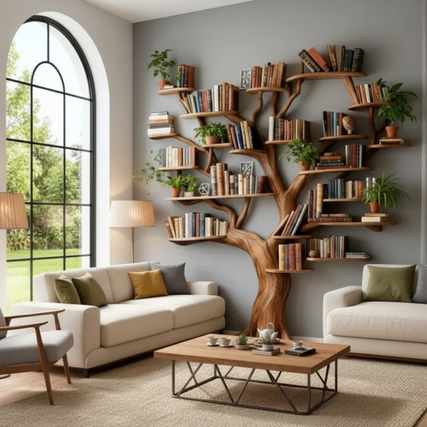 Tree Shaped Bookshelf Handmade from Natural Wood Unique Furniture for Home and Office Decor
