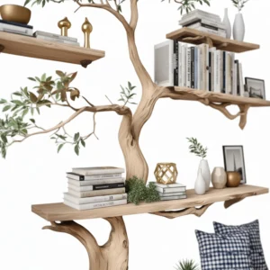 Tree-Shaped Wooden Bookshelf – Handmade Solid Wood Shelf for Interior Decoration2