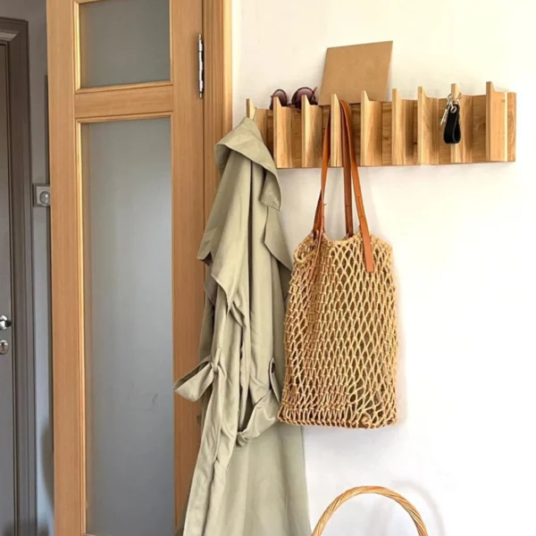 Architectural Oak Wood Accordion Wall Rack - Scandinavian Coat Hook & Key Holder