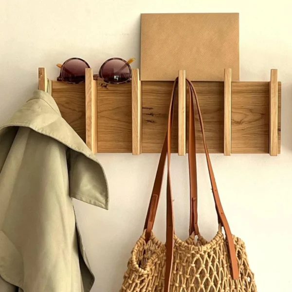Architectural Oak Wood Accordion Wall Rack - Scandinavian Coat Hook & Key Holder