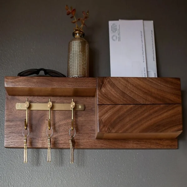 Elegant Mail Shelf and Key Hooks Solid Walnut Entryway Organizer