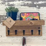Handmade Rustic Wood Key Rack - Wall Shelf with Hooks