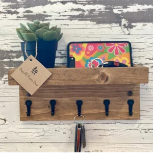 Handmade Rustic Wood Key Rack - Wall Shelf with Hooks