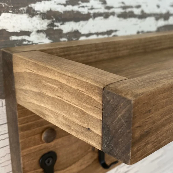 Handmade Rustic Wood Key Rack - Wall Shelf with Hooks