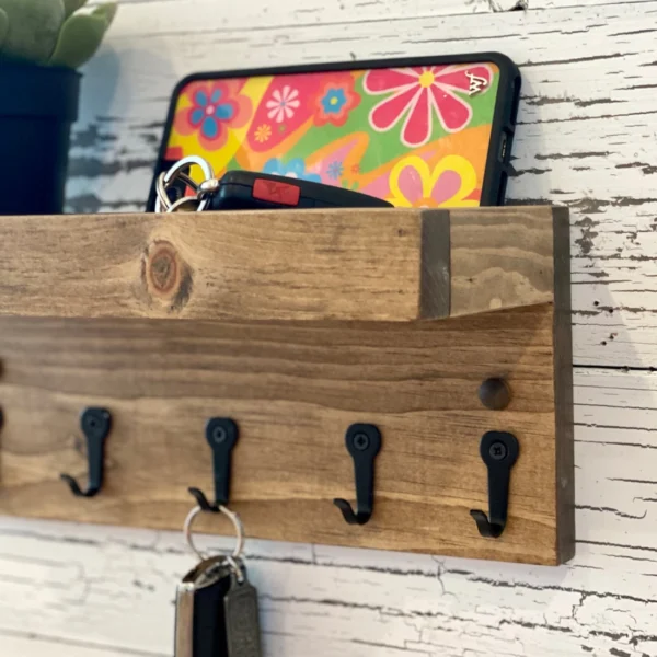 Handmade Rustic Wood Key Rack - Wall Shelf with Hooks