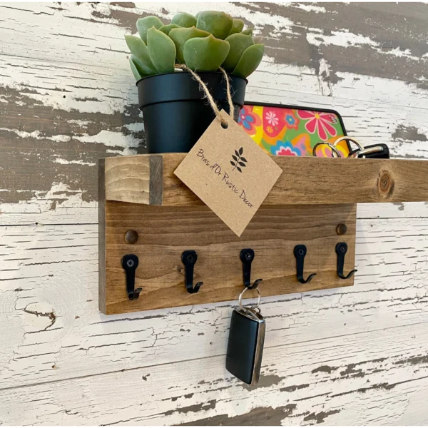 Handmade Rustic Wood Key Rack - Wall Shelf with Hooks