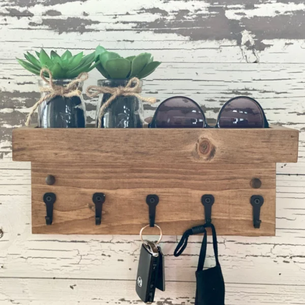 Handmade Rustic Wood Key Rack - Wall Shelf with Hooks