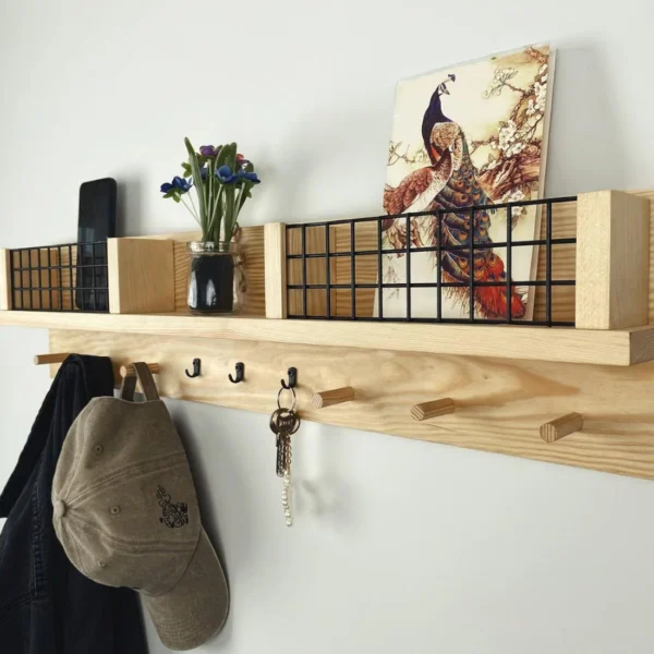 Modern Farmhouse Entryway Organizer with Wire Baskets & Key Holder
