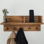 Rustic Farmhouse Entryway Organizer with Metal Mail Basket & Key Hooks