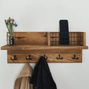 Rustic Farmhouse Entryway Organizer with Metal Mail Basket & Key Hooks