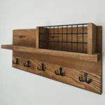 Rustic Farmhouse Entryway Organizer with Metal Mail Basket & Key Hooks