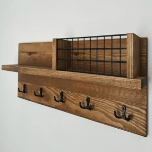 Rustic Farmhouse Entryway Organizer with Metal Mail Basket & Key Hooks2