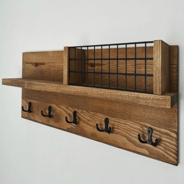 Rustic Farmhouse Entryway Organizer with Metal Mail Basket & Key Hooks
