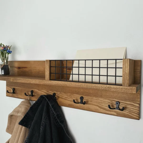 Rustic Farmhouse Entryway Organizer with Metal Mail Basket & Key Hooks