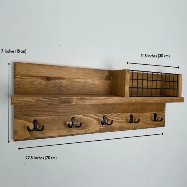 Rustic Farmhouse Entryway Organizer with Metal Mail Basket & Key Hooks