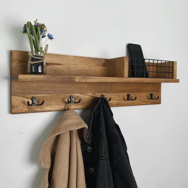 Rustic Farmhouse Entryway Organizer with Metal Mail Basket & Key Hooks