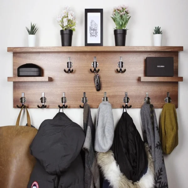 Rustic Hardwood Wall Organizer- Coat Rack, Shelf & Key Center