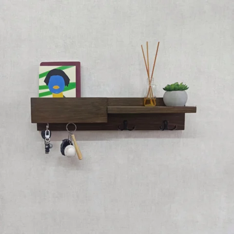 Wooden Wall Organizer - Magnetic Keys, Hooks & Shelf