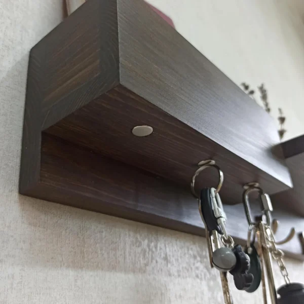 Wooden Wall Organizer - Magnetic Keys, Hooks & Shelf