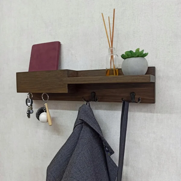 Wooden Wall Organizer - Magnetic Keys, Hooks & Shelf