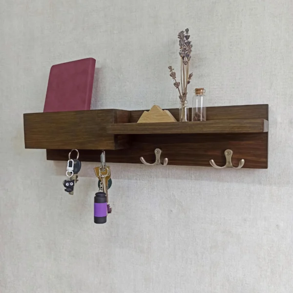 Wooden Wall Organizer - Magnetic Keys, Hooks & Shelf